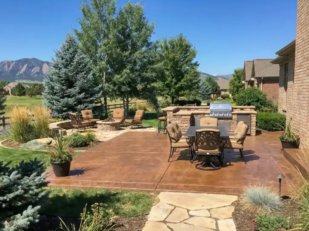 Brown stained concrete patio with outdoor dining set and built-in grill area in a landscaped yard.