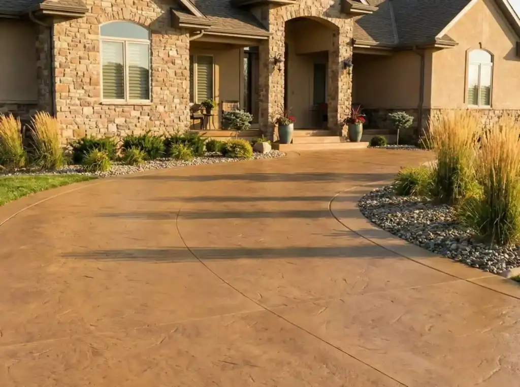 Warm tan integral color concrete driveway with curved approach in front of a stone home