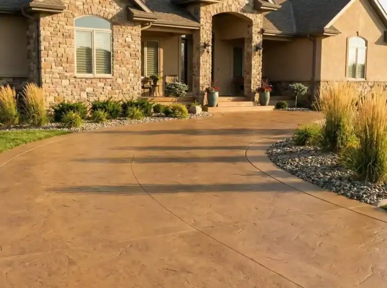 Warm tan integral color concrete driveway with curved approach in front of a stone home