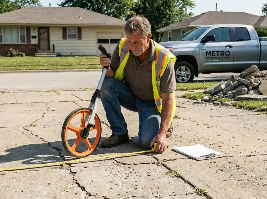 Concrete contractor measuring a cracked driveway with a measuring wheel and tape measure for an estimate