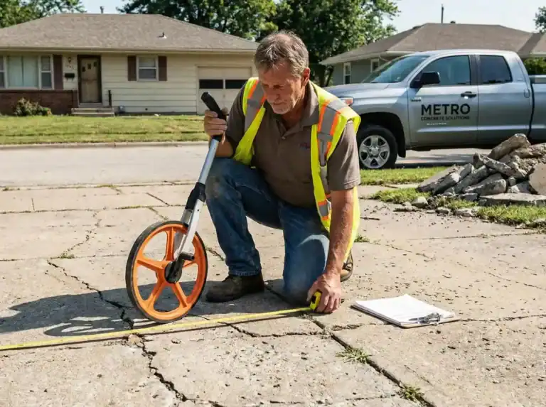 Concrete contractor measuring a cracked driveway with a measuring wheel and tape measure for an estimate