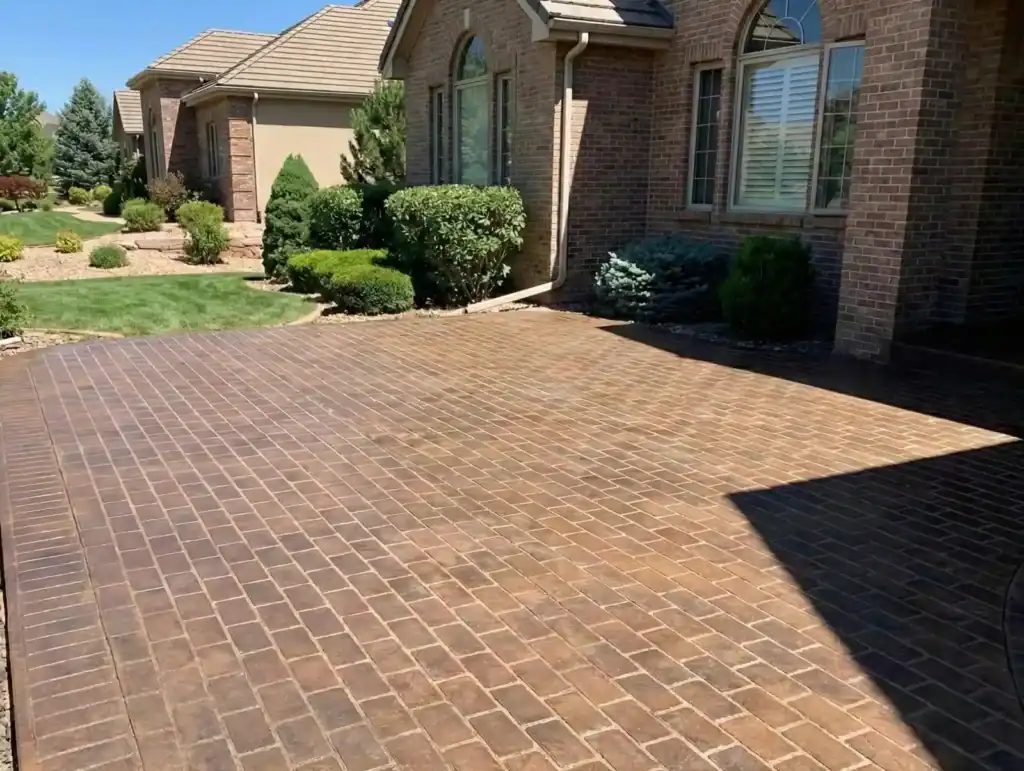 Brick-pattern stamped concrete patio surface in a landscaped backyard.