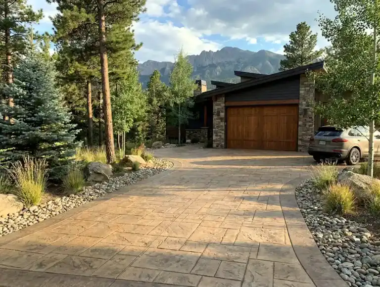 Stamped concrete driveway with a stone-texture pattern and curved layout in front of a modern mountain home with landscaping rock beds